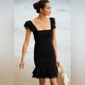 Peixoto Belle Mini Dress smocked ruffled square neck black rayon SZ S bodycon